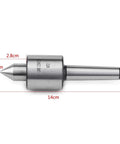MT2 precision lathe live center, metal silver, side view showing conical tip and cylindrical shank, 14 cm long