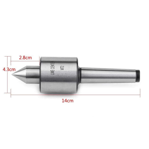 MT2 precision lathe live center, metal silver, side view showing conical tip and cylindrical shank, 14 cm long