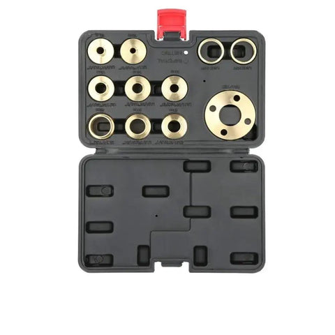 Beefed Up Brass Router Template Guide Bushing Kit With Lock Nut Adapter And Sturdy Bag, featuring brass rings in black case.