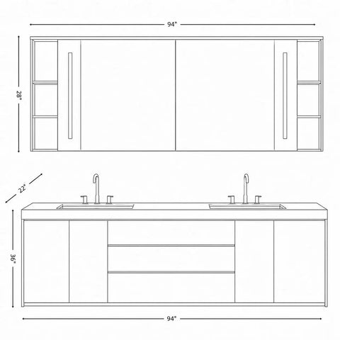 Lowkey Stunning 94 Inch Freestanding Double Sink Bathroom Vanity With Real Marble Top And Super Roomy Drawers For A Straight Up Clean Setup That Keeps Daily Essentials Well Organized, side view with dimensions.