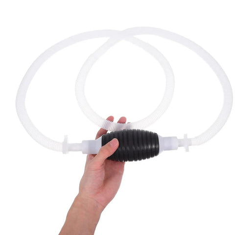 Heavy Duty Manual Oil Transfer Pump With Thick Plastic Siphon Tube for Effortless Fluid Extraction And Gas Cleanup in hand with clear tubes.
