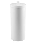 Freestanding Toilet Paper Storage Holder with lid for 3 extra rolls; white, discreet modern design with nesting lid and decorative knob.