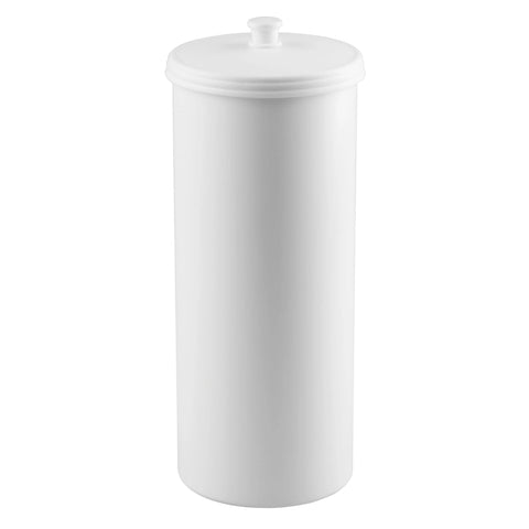 Freestanding Toilet Paper Storage Holder with lid for 3 extra rolls; white, discreet modern design with nesting lid and decorative knob.