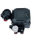 Heavy Duty Rotary Stroke Valve Actuator TS600RN25S0 for Industrial Piping Systems, black actuator with pressure gauge and ports.
