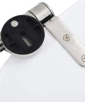 Close-up of rugged zinc alloy hinge on premium MDF toilet seat, showcasing smooth soft close feature and durable design.