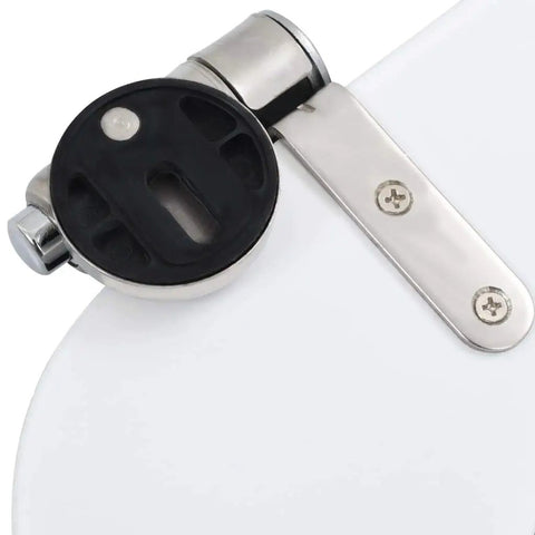 Close-up of rugged zinc alloy hinge on premium MDF toilet seat, showcasing smooth soft close feature and durable design.