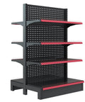 Hardcore Heavy Duty Double Sided Metal Shelving Unit With Adjustable Four Tier Steel Storage Rack For Garage Kitchen Warehouse And Retail Display Stand, black and red design, four shelves.