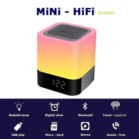 5 In 1 Night Light Bluetooth Speaker MP3 Player Digital Alarm Clock With Touch Control And Color Dimmable LEDs, front view.