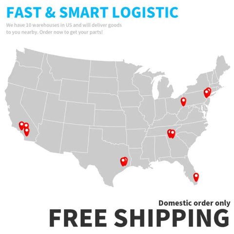 Map of the US highlighting 10 warehouse locations for fast shipping of automotive parts, with 'Free Shipping' text.