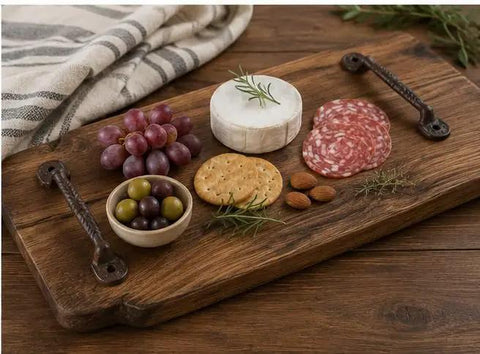 Hella Sturdy Cast Iron Drawer Pulls Set Of Ten Rustic Brown Cabinet Handles Measuring Five Half Inches Long With Four Quarter Inch Spacing For Home Renovations And Furniture Fixes on a wooden serving board with snacks.