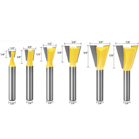 Six Size Dovetail Router Bit Set With 1/4 Inch Shank For Cabinets And Drawers, Tungsten Carbide Blades And Durable Alloy Steel Body