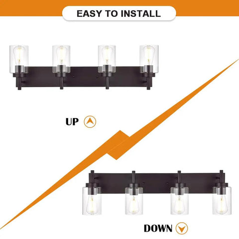 Oil Rubbed Bronze Three Light Vanity Fixture With Rustic Wall Sconces And Clear Glass Shades For Bathroom Hallway Porch Or Bedroom Vintage Industrial Style No Fuss Easy Install showing up and down installation options
