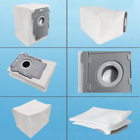 Eight Pack Roomba Vacuum Bags For I7 I8 S9 J7 With Clean Base, showing multiple angles and close-up of plastic sealing