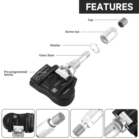 Exploded view of 315MHz TPMS Sensor Set of 4 for Mitsubishi Outlander Lancer i-MiEV and Outlander Sport Tire Pressure Monitoring System
