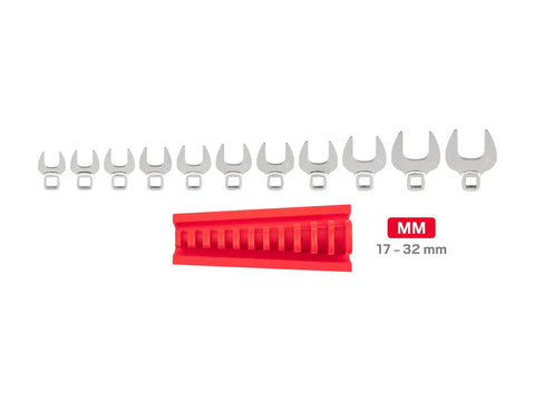 Half Inch Drive Crowfoot Wrench Set With Rack 11 Piece Metric Wrenches 17 To 32 Mm shown with red rack and sizes labeled