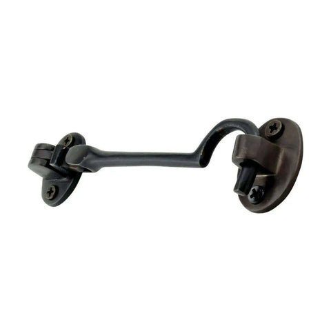 Solid Brass Cabin Hook Latch With Oil Rubbed Bronze Finish showing swivel pivot eyelet for doors and gates, 4 inch hardware