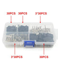 30 Sets RC Servo Connector Kit with male and female crimp pins, brass nickel plated, housings, and protective covers in box.
