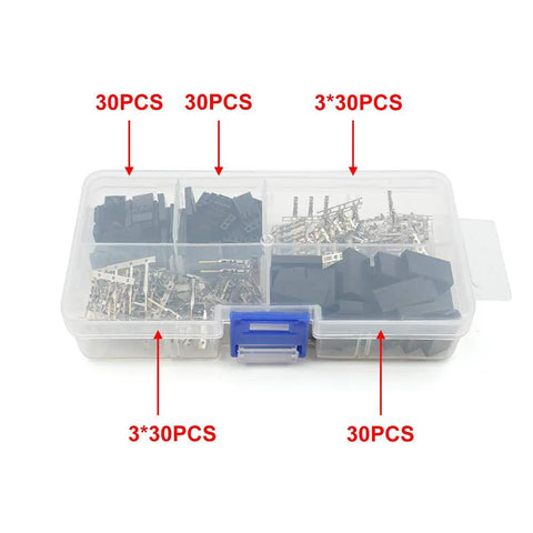 30 Sets RC Servo Connector Kit with male and female crimp pins, brass nickel plated, housings, and protective covers in box.