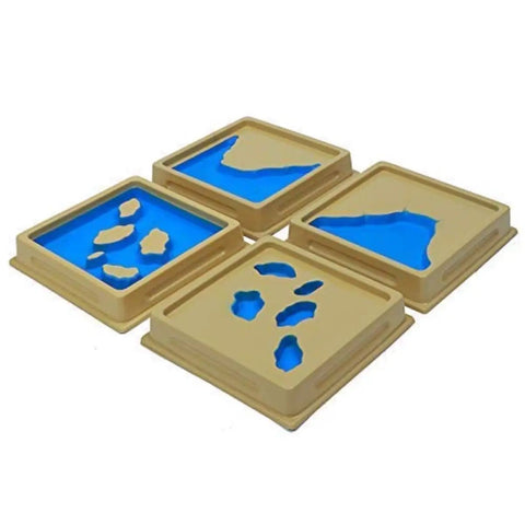 Water And Land Form Tray Set For Kids Learning Toy Terrain Cognition Montessori Geography Aids with four wooden molds showing land and water