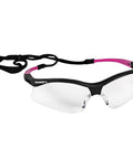 Lightweight Small Safety Glasses With Clear Anti Fog Lenses And Black Frame Pink Tips, side view with strap for secure fit.