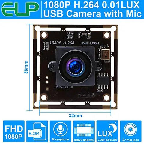 Low Light USB Camera With Built In Microphone, 2MP 1080P HD Web Cam, Sony IMX322 Sensor, 0.01 Lux, 2.1mm Wide Angle Lens, H264 MJPEG