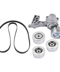 Premium Drive Belt Tensioner And Idler Pulley Kit For Toyota Tacoma Tundra FJ Models 2007 To 2009 With 4.0L V6 Engine Replaces Oem Part Numbers 1662031012 1662031013 1660331040 166030P030 Smooth Operation Guaranteed. Drive belt tensioner kit with belt and three idler pulleys on white background