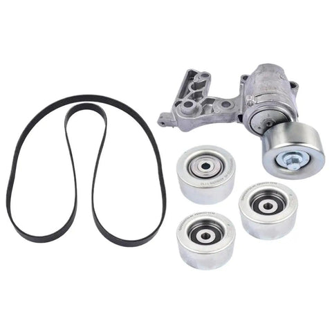 Premium Drive Belt Tensioner And Idler Pulley Kit For Toyota Tacoma Tundra FJ Models 2007 To 2009 With 4.0L V6 Engine Replaces Oem Part Numbers 1662031012 1662031013 1660331040 166030P030 Smooth Operation Guaranteed. Drive belt tensioner kit with belt and three idler pulleys on white background