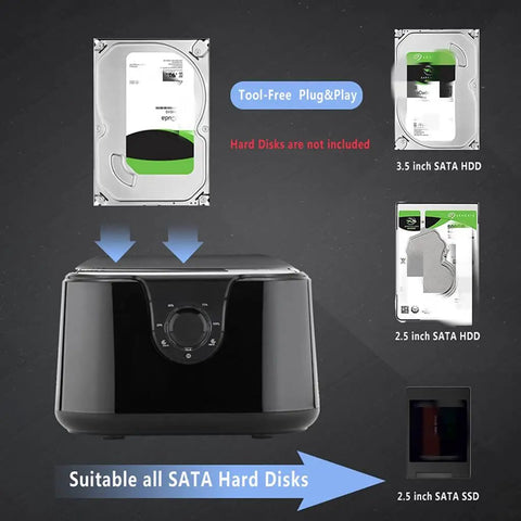 Premier Dual Bay External Hard Drive Docking Station Supporting 2.5 And 3.5 Inch SSD And HDD Drives Via Rapid SATA III To USB 3.0 Connection showing tool-free design.