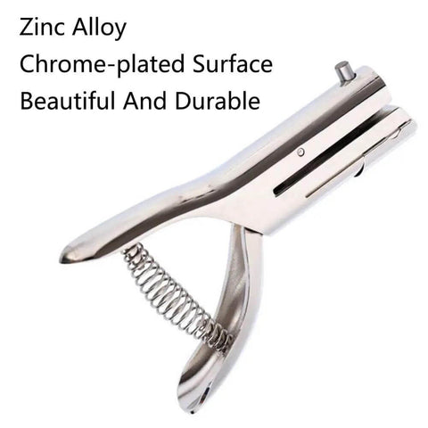 Heavy Duty Portable Single Hole Punch Tool With Deep 53mm Feed Slot, zinc alloy, chrome finish, ergonomic handle, side view.