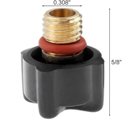 Top Tier 5 Pack Set Of TIG Welding Short Back Caps Designed For WP-9 20 25 Torches To Keep Your Gear Running Smooth And Last Longer With Zero Fuss close-up of black cap with gold threaded insert and red O-ring.