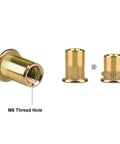 Tough As Nails M6 Metric Rivet Nuts Forged From Zinc Plated Carbon Steel With Knurled Flat Bodies For Secure Threaded Inserts That Lock Tight Without Messy Burrs Includes Forty Pieces, showing M6 thread hole and detail.