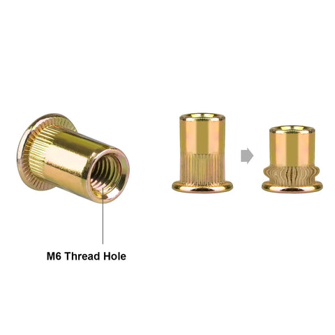 Tough As Nails M6 Metric Rivet Nuts Forged From Zinc Plated Carbon Steel With Knurled Flat Bodies For Secure Threaded Inserts That Lock Tight Without Messy Burrs Includes Forty Pieces, showing M6 thread hole and detail.