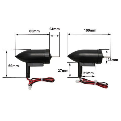 Diagram with measurements of Beefy Underwater Thruster Pair 5 to 12V With 13000 RPM Brushed 390 Motors and 26mm nylon propellers.