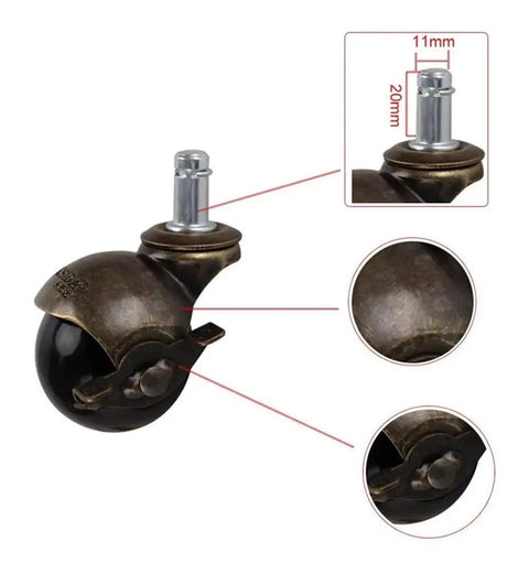 Smooth Rolling Antique Brass Swivel Caster Wheels With Secure Brake Heavy Duty Replacement Casters For Furniture And Office Chairs Kickin It Old School Set Of Five close-up view showing details of the swivel mechanism and bronze finish.