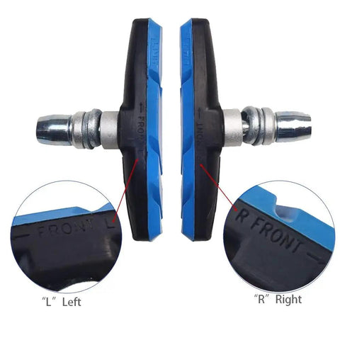 Dual Pack 4 Pcs V-Brake Pads 70mm Blue For MTB Mountain Bikes shown in left and right orientation with close-up details