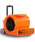 Powerful 3 Speed Air Mover With 1.3HP Motor Delivers 5000 CFM For Quick Carpet Drying, orange blower with handle and wheels.