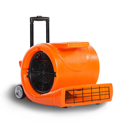 Powerful 3 Speed Air Mover With 1.3HP Motor Delivers 5000 CFM For Quick Carpet Drying, orange blower with handle and wheels.