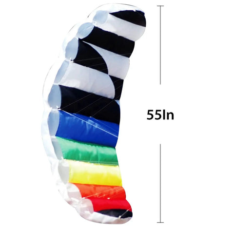 Rainbow Parafoil Kite 55 Inch Pro Stunt Soft Foil Design with 1.4 M Wing Span showing its colorful pattern and size.