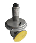 Industrial Pressure Regulating Valve For Pipelines Built Tough To Knock Back Excess Fluid Pressure with round metallic body and yellow diaphragm