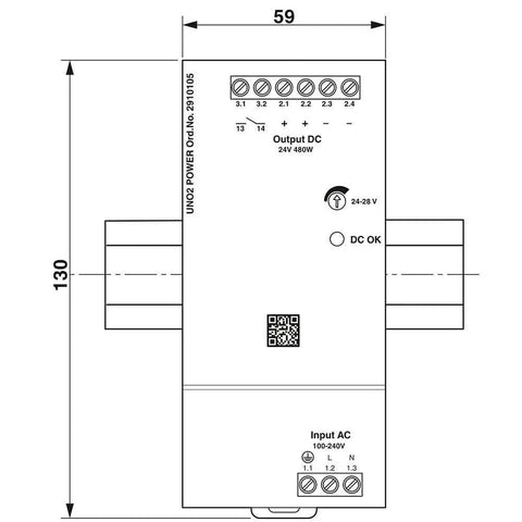 Beefy UNO2-PS Style Switching Power Supply 24V DC Output 480W 1A AC Input Industrial Grade Go To Power Source For Controls Panels And Machinery Compact Reliable Easy Install, front view