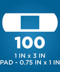Diagram showing Flexible Fabric Adhesive Bandages 1x3 inch, 100 count with size details, breathable with nonstick pad, latex-free.