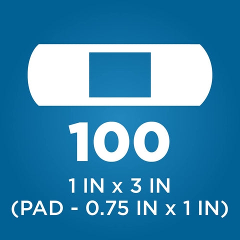 Diagram showing Flexible Fabric Adhesive Bandages 1x3 inch, 100 count with size details, breathable with nonstick pad, latex-free.