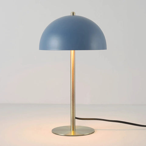 Blue Desk Lamp With Brass Accents, 15 Inch Modern Mushroom Shade, In Line On Off Rocker Switch, LED Bulb Compatible, perfect for home office