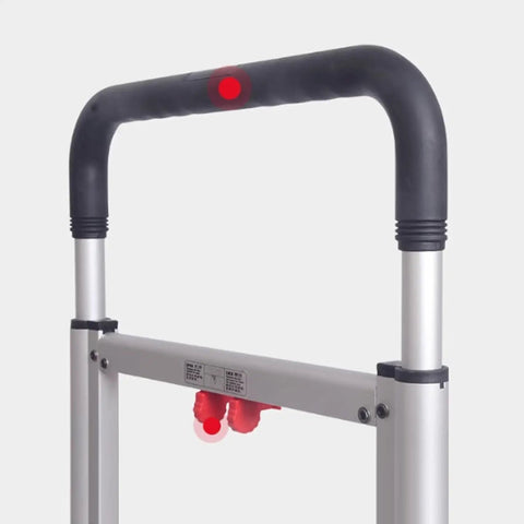 Straight Up Heavy Duty Metal Platform Cart With Four Cushioned Wheels Folding Utility Dolly handle and release mechanism close-up