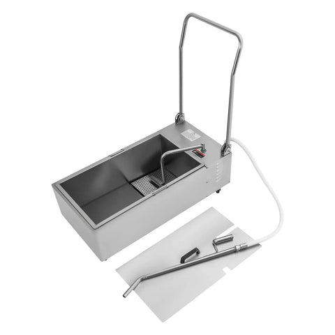 Heavy Duty Commercial Fryer Oil Filter Cart Featuring Slick Compact Fold Frame And Generous Fifty Five Liter Reservoir with a stainless steel design.