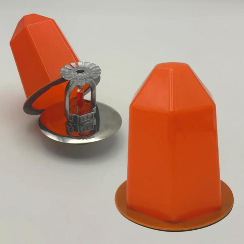 Orange Fire Sprinkler Paint Covers 30 Pack Ceiling Guard Caps Snaps Right On Pro Heavy Grip showing PVC caps over sprinkler heads.