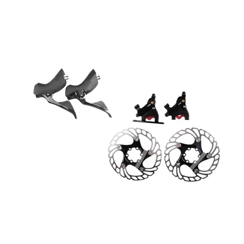 Ride Ready Road Bike Shifter Pair With Slick Shifting 2x11 Speed Mechanical Levers and two 160mm disc brake rotors.