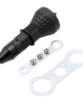 Cordless Rivet Gun Adapter Kit Converts Drill To Rivet Nut Tool, 1/4 Inch Hex Shank, with three nozzles and wrench, black