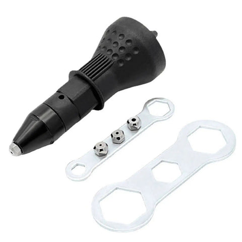 Cordless Rivet Gun Adapter Kit Converts Drill To Rivet Nut Tool, 1/4 Inch Hex Shank, with three nozzles and wrench, black