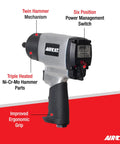 Heavy Duty Half Inch Drive Air Impact Wrench With 800 Ft Lbs Torque Twin Hammer Mechanism Six Position Power Switch Ergonomic Handle